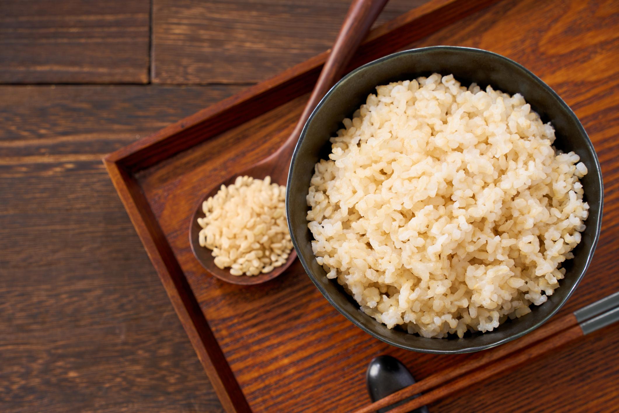 Genmai mixed with white rice in a traditional Japanese meal