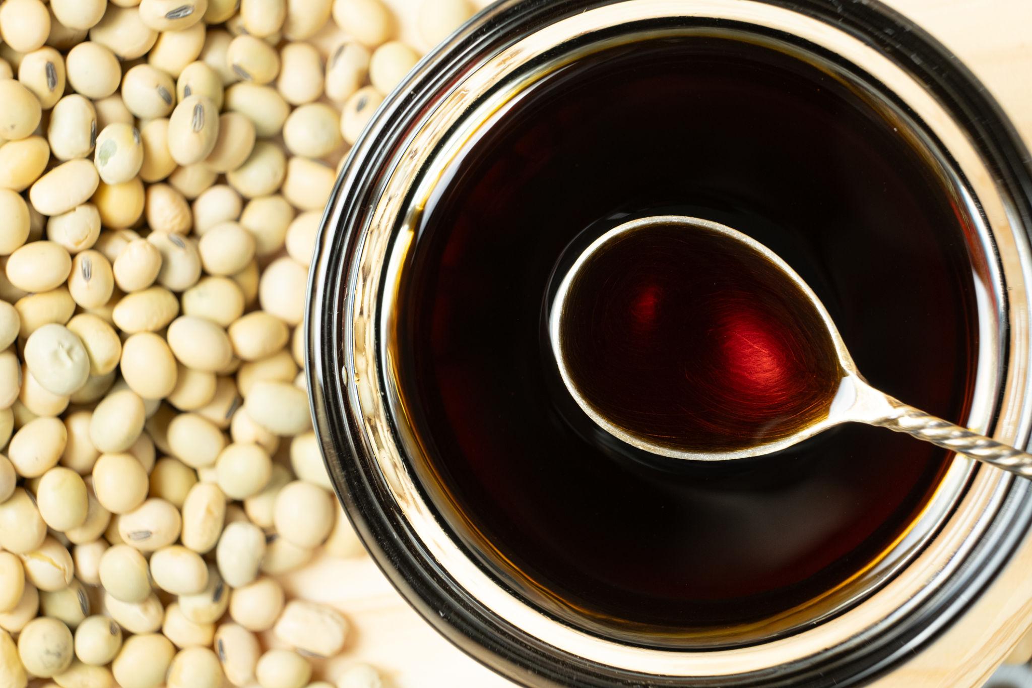 Traditional Japanese tamari soy sauce in a small dish