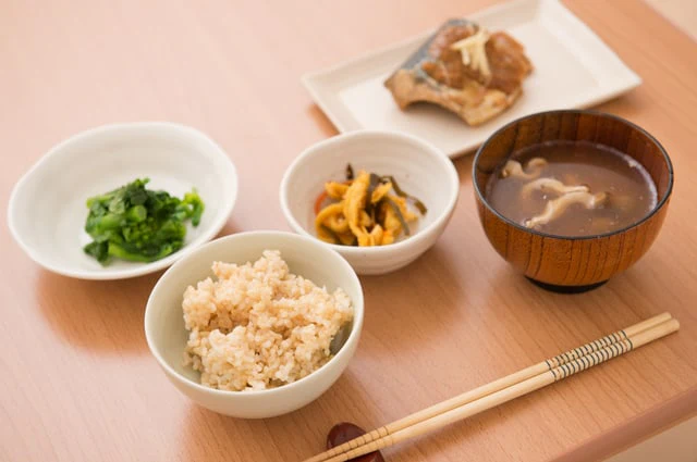Tsukemono served with rice and miso soup in a traditional Japanese meal